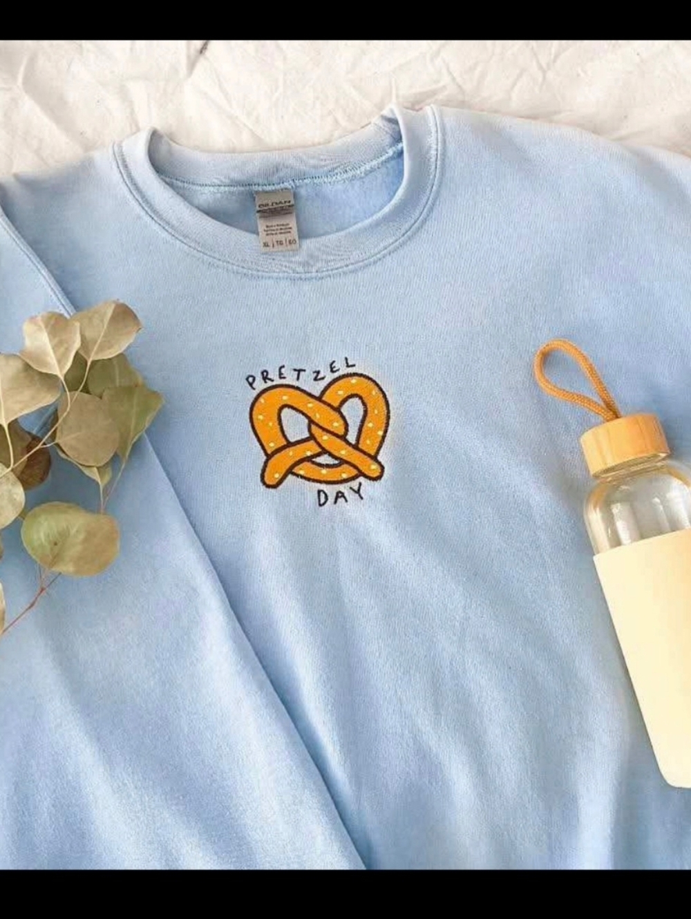 Custom Embroidered "Pretzel Day" Crew Neck Sweatshirt- Light Blue- Size Med